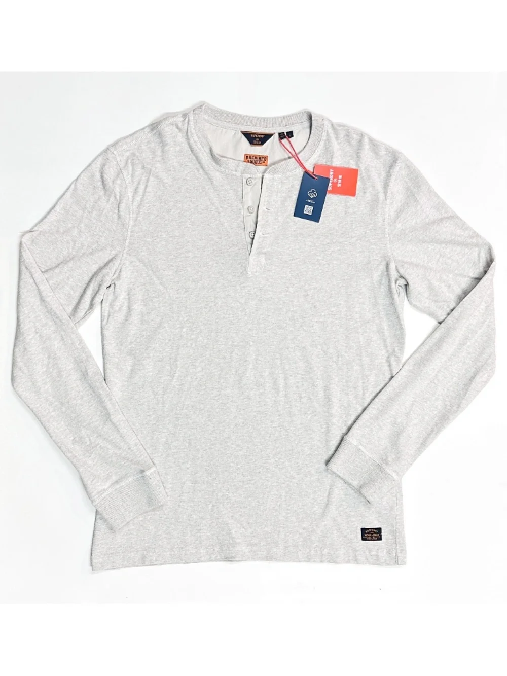 NWT SUPERDRY Long Sleeve T Shirt Mens Large Oat Marl Henley Workwear Casual Top - Picture 1 of 8